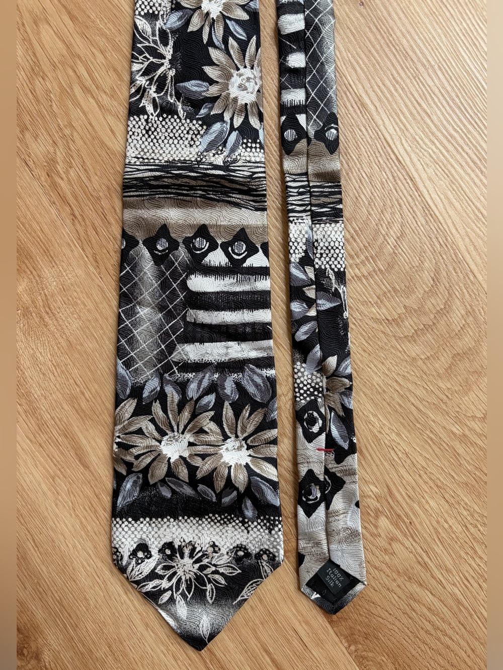 Vintage Italian Silk Tie Floral Geometric Pattern Black Gray Cream